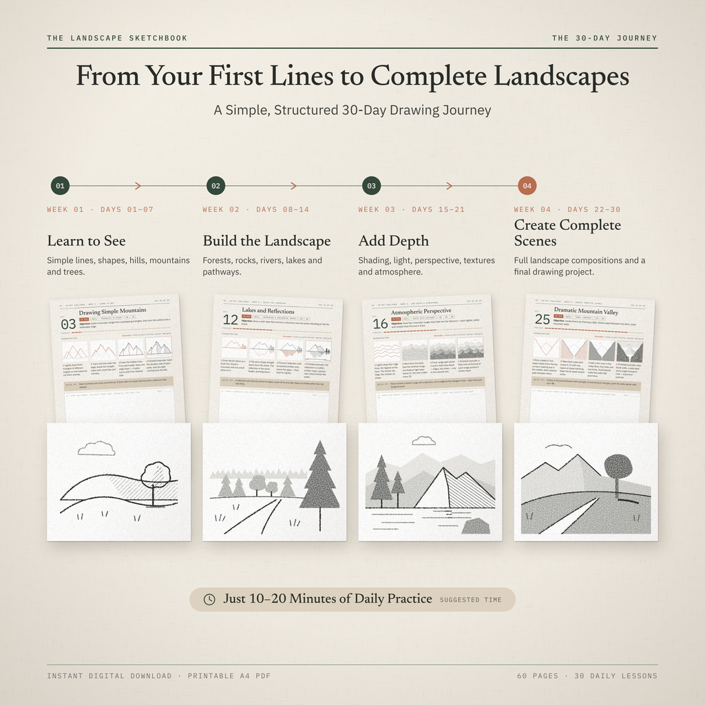 Four-week drawing roadmap from simple first lines to complete landscape scenes