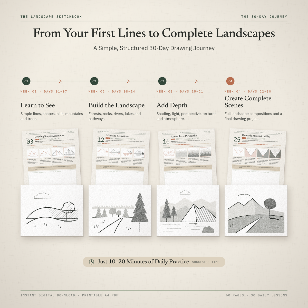 Four-week drawing roadmap from simple first lines to complete landscape scenes