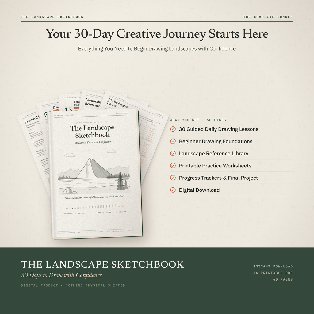 Workbook cover with a fan of lesson pages and a checklist of everything included