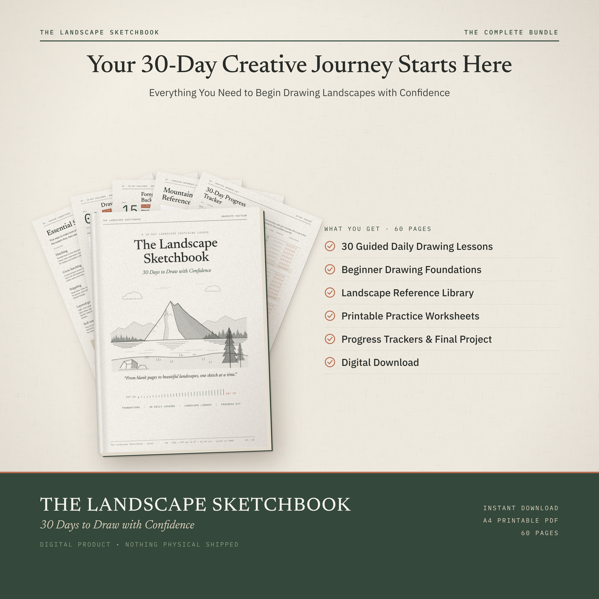 Workbook cover with a fan of lesson pages and a checklist of everything included