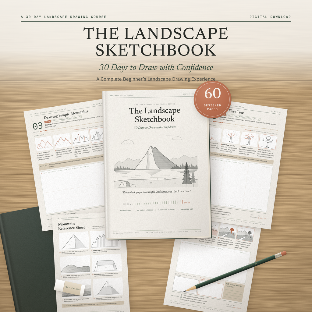 The Landscape Sketchbook printable workbook cover surrounded by printed lesson pages, a pencil and an eraser