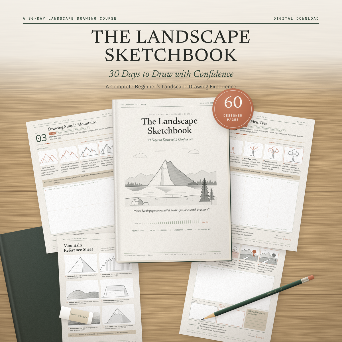 The Landscape Sketchbook printable workbook cover surrounded by printed lesson pages, a pencil and an eraser