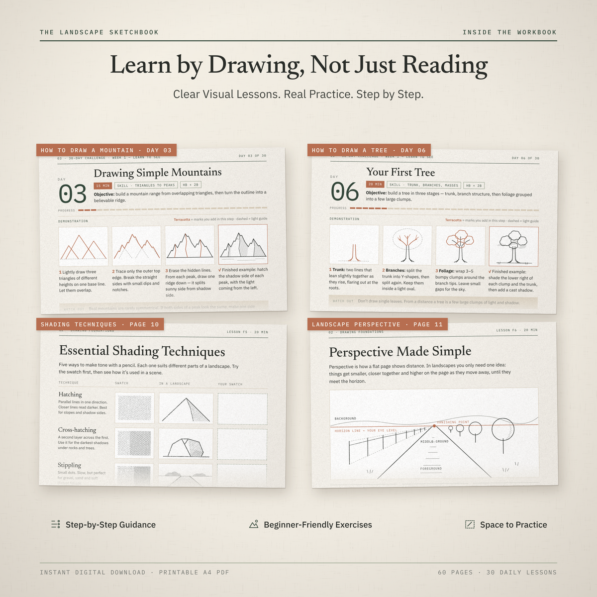 Close-up of four lesson pages: drawing a mountain, drawing a tree, shading techniques and perspective
