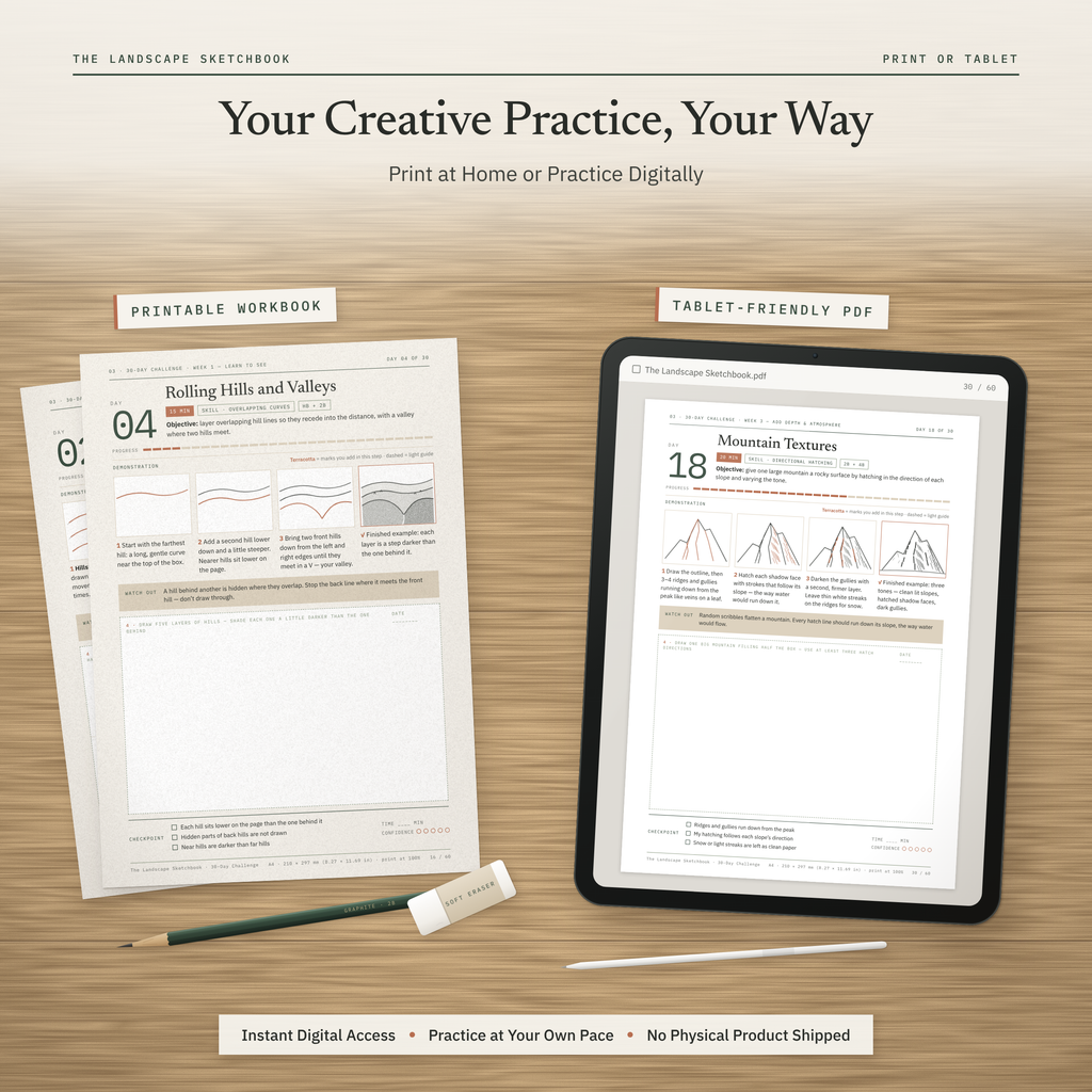 Printed workbook pages on a desk next to a tablet showing a lesson page from the PDF