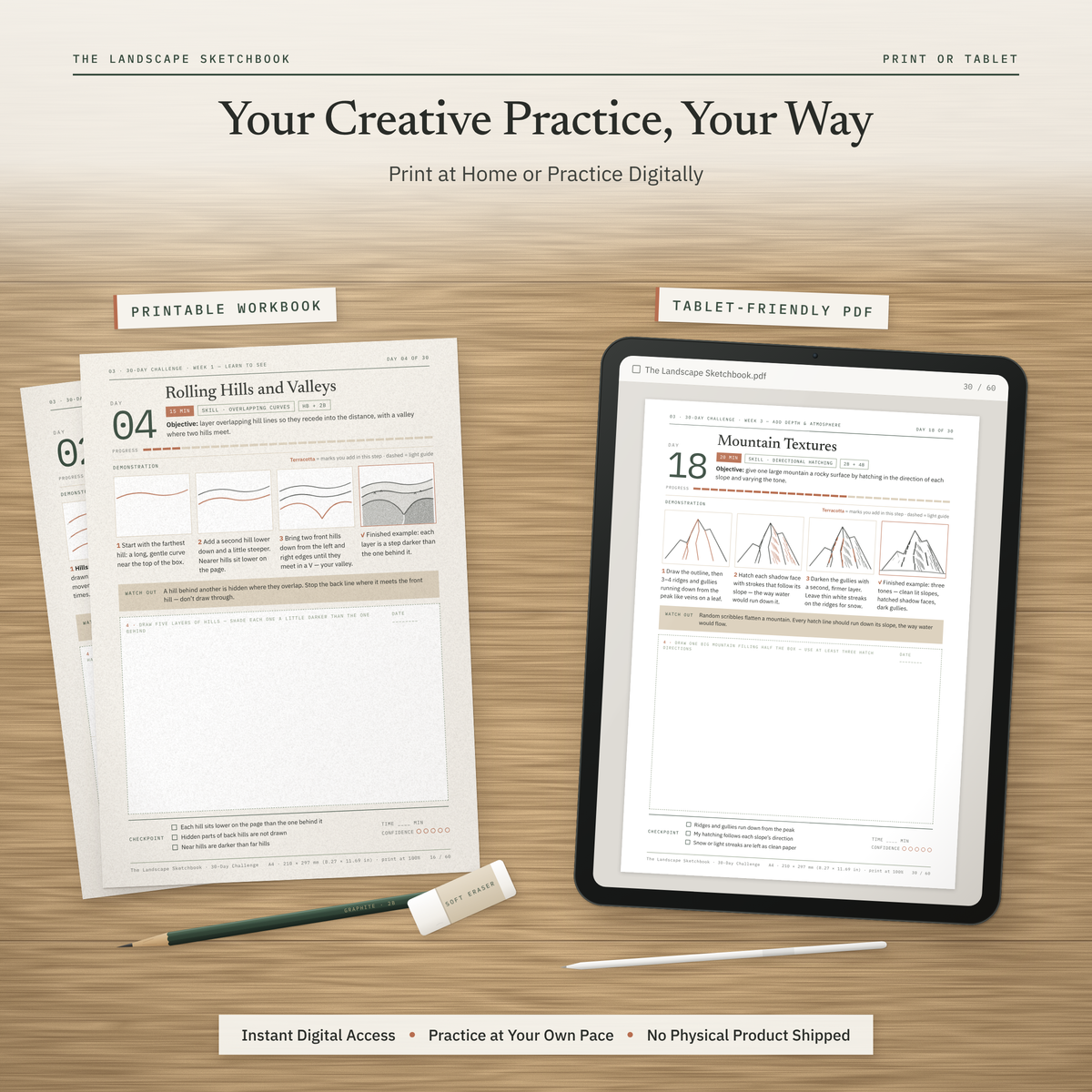 Printed workbook pages on a desk next to a tablet showing a lesson page from the PDF