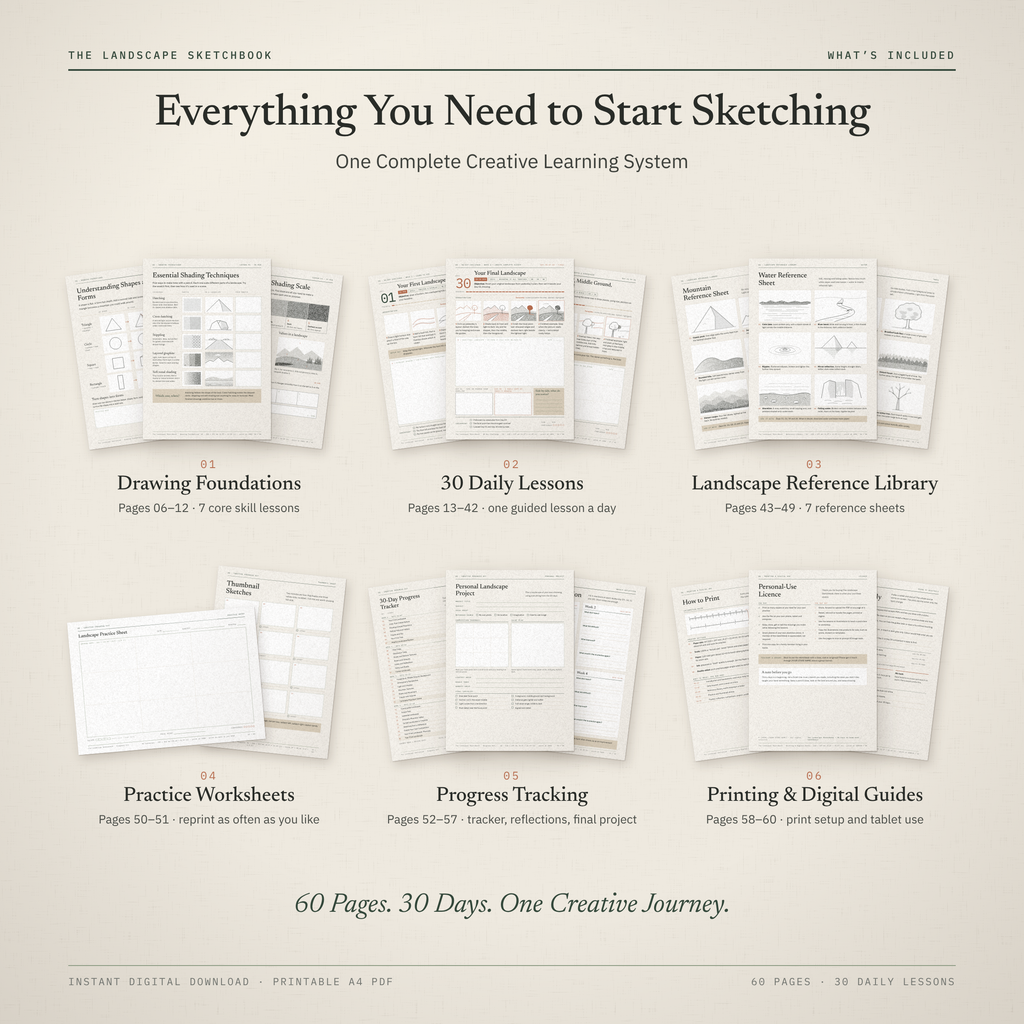 Six groups of workbook pages: foundations, 30 daily lessons, reference library, practice sheets, progress tracking and printing guides