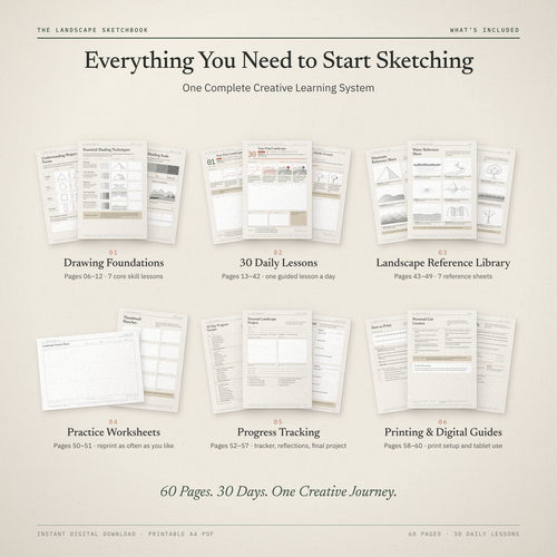 Six groups of workbook pages: foundations, 30 daily lessons, reference library, practice sheets, progress tracking and printing guides